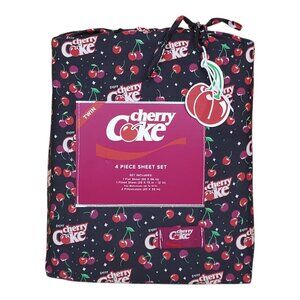 Cherry Coke Twin 4-Piece Sheet Set Cherry Coca Cola Design Black Background